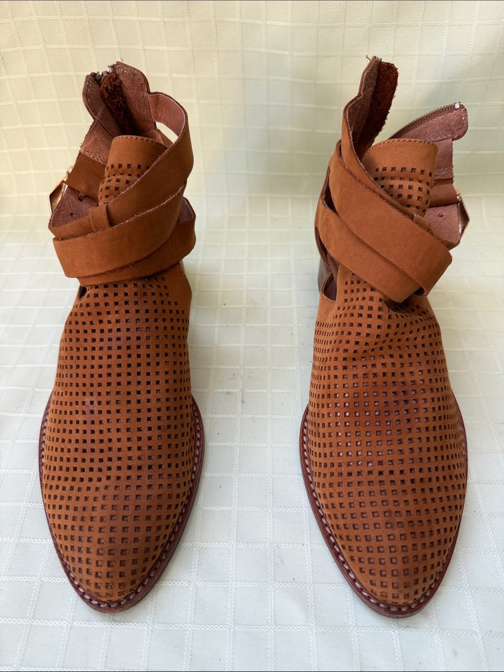 Jeffrey Campbell Orange Brown Perforated Suede Ankle Boots with Wrap Strap